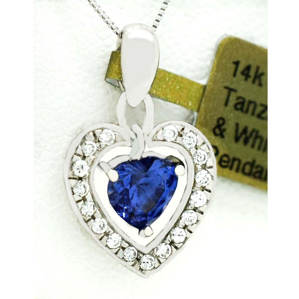 Aaa Tanzanite 1.10 Cts & White Sapphire Pendant 14k White Gold